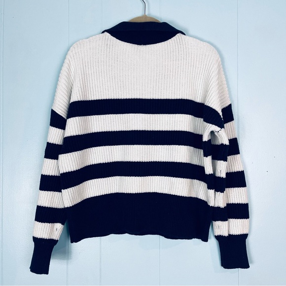 Lou & Grey Women Large Striped Polo Sweater Varsity Letter Half Zip Chunky Knit - Picture 3 of 6